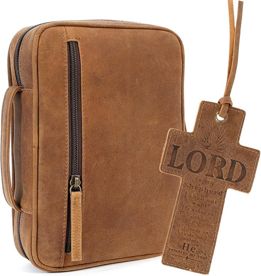ELIZO Leather Bible Cover for Men Bible Case for Women Zippered Holder Protector Cross Church Tote Bag Carrying Organizer Sleeve Gift Standard Saddle