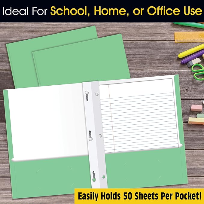 2 Pocket Portfolio Folders with Prongs (Metal Fastener Clips), 25 Pack, Cool Trendy Colors, Fits Letter Size Paper, for School, Office, Home, Matte Finish (Mint Green)