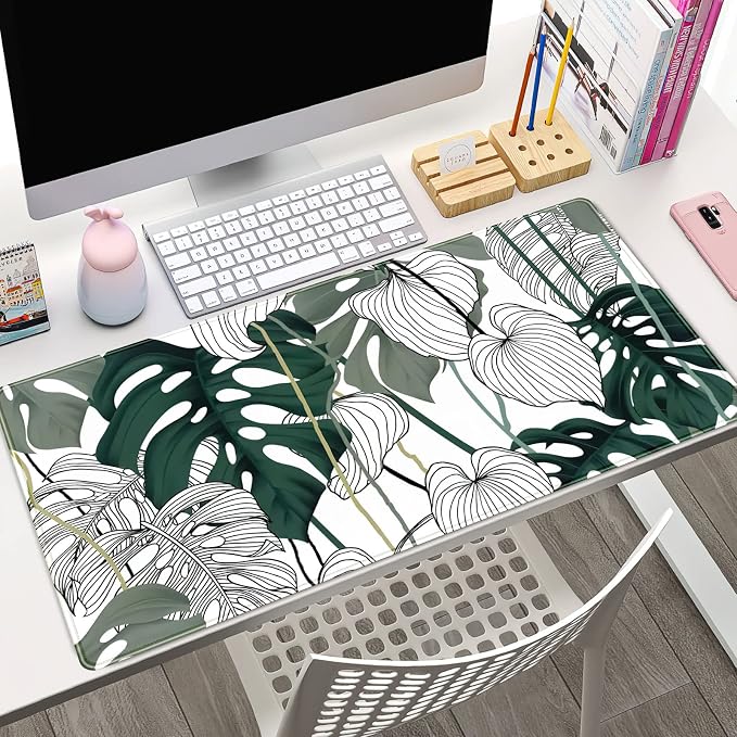 Desk Mat Green Plant Leaf Large Mouse Pad Desk Pad Tropical Boho Desk Accessories for Women Office Decor Laptop Keyboard Mouse Mat XXL Mousepad 31.5''X15.7'' Non-Slip Rubber Base with Stitched Edges