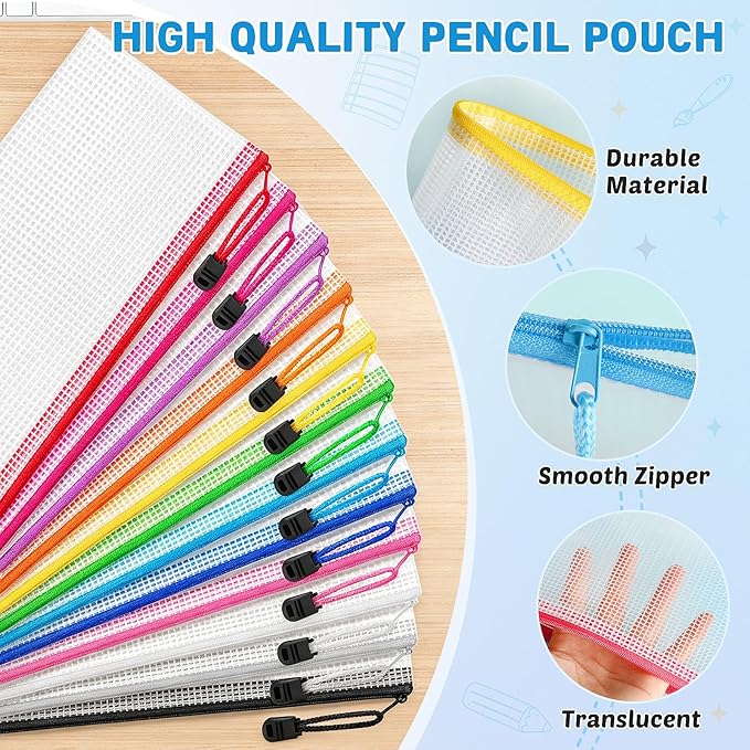 24 Pack Pencil Pouch Bulk, 9.5" x 4.5"Mesh Zipper Pouch Pencil Case, 12 Colors Waterproof Small Zipper Pouches for School Supplies Storage, Travel, Cash, Cosmetics, Office Organization