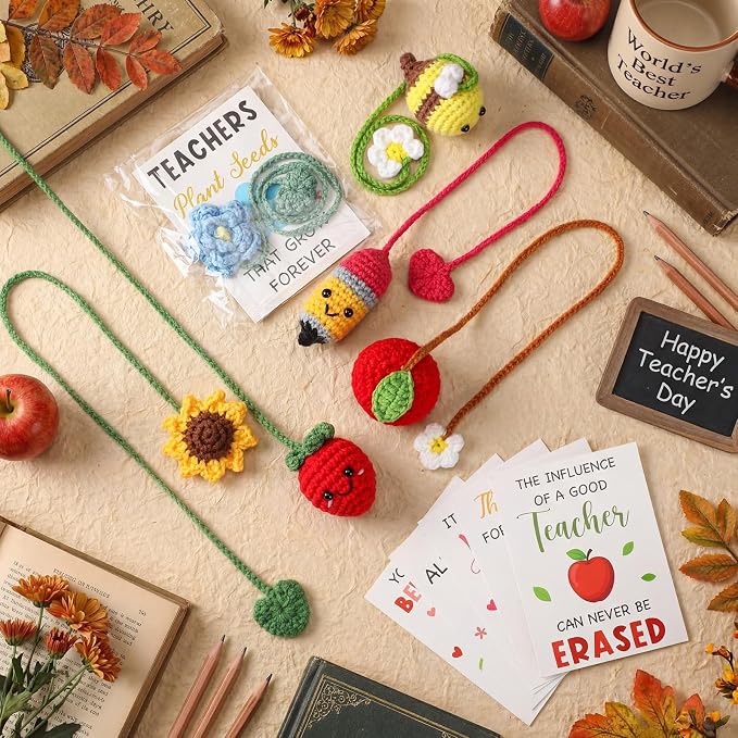 Gueevin 6 Sets Graduation Gifts for Teacher, Teachers Crochet Bookmarks Thank You Gifts for Women Crochet Bookmarks with Cards and OPP Bags for Graduation End of Year Supplies