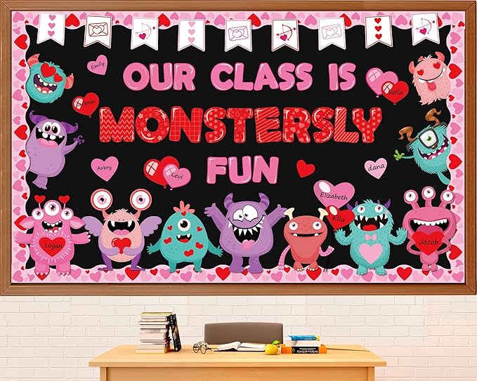 gisgfim Valentine's Day Monster Bulletin Board Set Decorations Valentines Classroom Decor Love Heart Monster Cutouts for School Home Chalkboard Wall Door Party Supply (Our Class is Monstersly Fun)