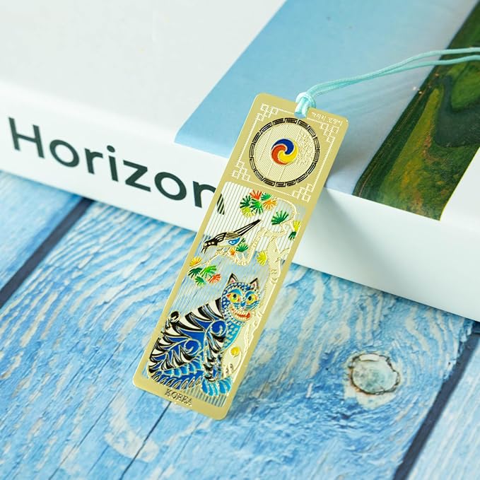 Korean Tiger Bookmark Set 3 Pack with Tassels Blue and Gold Metal Page Holder Reading Accessories for Book Lovers Cute Bible Bookmark Gift 1x3 Inch (Gold Tiger)