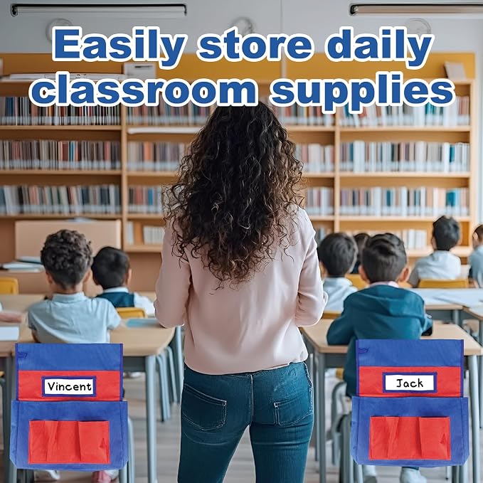 6 Pack Chair Pockets for Classrooms, 17.2"x19" Seat Sacks for Classroom Chairs K-2, Heavy Duty Back of Chair Organizer Pocket with Name Tag Slot for Supplies, Books, Storage
