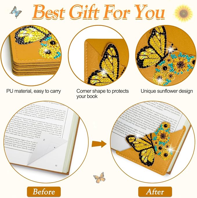 WIVICO 8 pcs Diamond Painting Bookmarks, DIY Diamond Art Kits for Adults, Book Corner - Protecting Bookmark Craft Supplies Kits for Book Lovers（Sunflower）