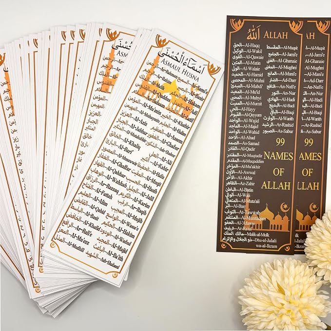 50 pcs 99 Names of Allah Bookmark Arabic English Islamic Bookmarks Reflecting on The Names of Allah Ramadan Eid Gifts Bulk Quran Muslim Islamic Arabic Gifts for Women Men Quran Learning