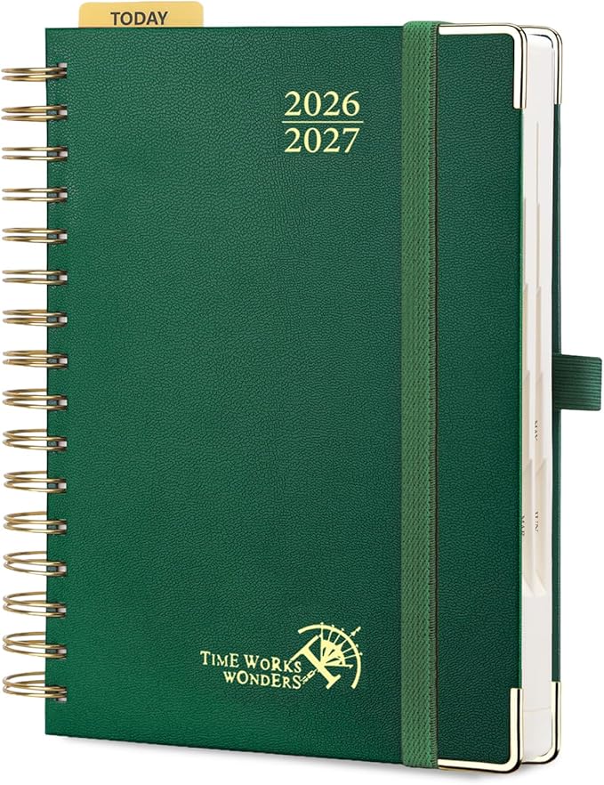 POPRUN 2026-2027 Daily Planner One Page Per Day, 5.75" x 8.5", Academic Daily Calendar Book with July 2026 to June 2027, Hardcover Appointment Book with Hourly Time Slots, Spiral Bound, Monthly Tabs - Dark Green