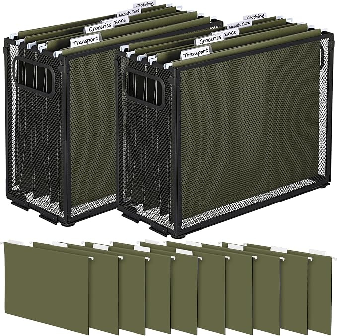 2 Pack Hanging File Holder, 10 Hanging Folders, Metal Mesh, Letter Size Folder Storage, Desktop Storage Cabinets, Office School Document(Green,Small)
