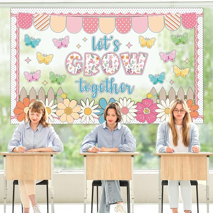 Spring Bulletin Board Decorations Set Motivational Let's Grow Together Bulletin Board Spring Butterfly Paper Cutouts Colorful Flower Classroom Decorations for School Home Office Chalkboard Supplies