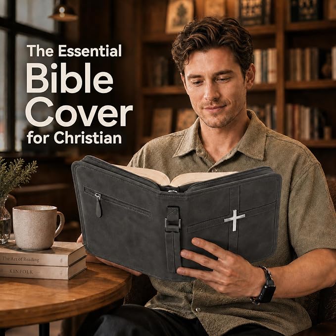 Bible Cover for Men and Women, PU Leather Large Bible Bag with Handle & Shoulder Strap, Bible Carrying Case with Cross Design and Pockets for Church, Bible Study & Christian Gifts, Black