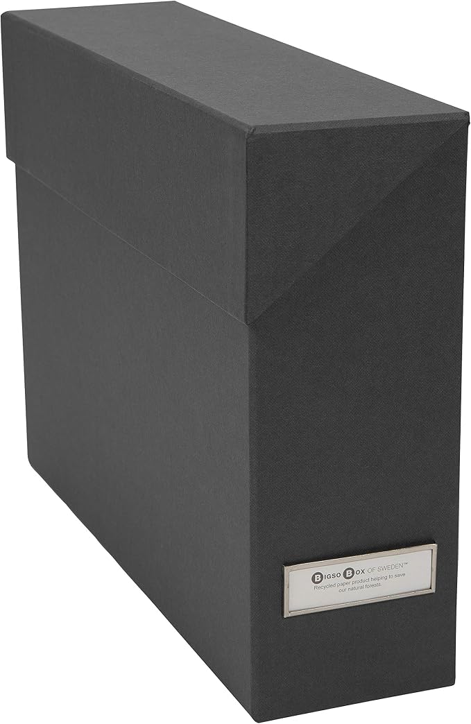 Bigso Lovisa Fiberboard Label Frame 12 File Storage Box - Document Organizer for Important Paperwork - Durable Hanging File Box w/Flip Top Lid & Metal Label Window - 3.7in x 13in x 9.4in - Dark Grey