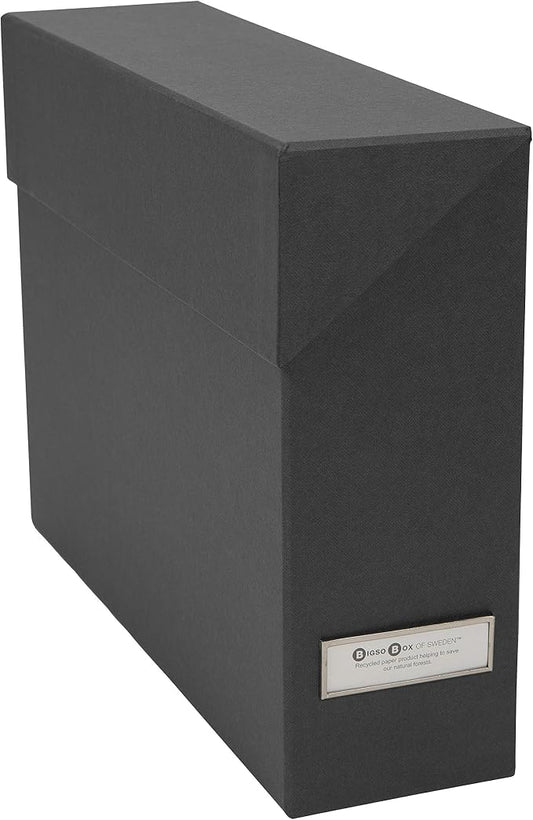 Bigso Lovisa Fiberboard Label Frame 12 File Storage Box - Document Organizer for Important Paperwork - Durable Hanging File Box w/Flip Top Lid & Metal Label Window - 3.7in x 13in x 9.4in - Dark Grey