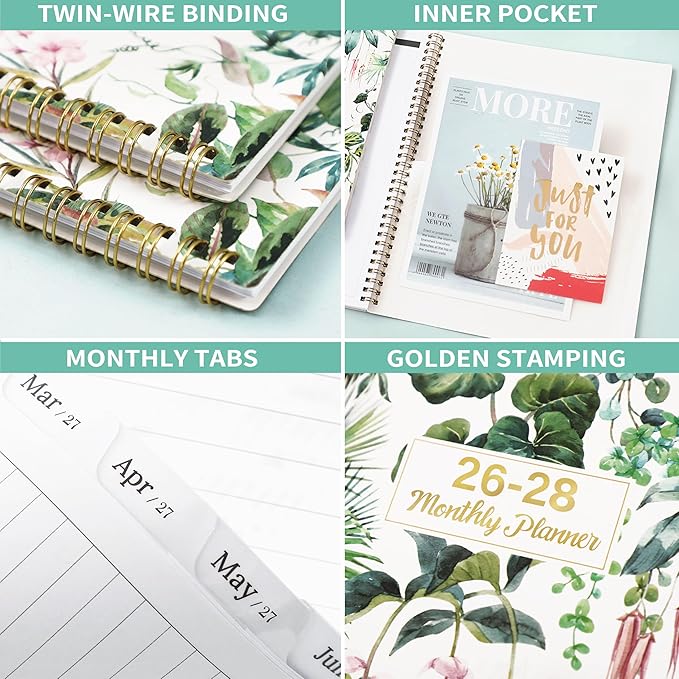 Monthly Planner 2026-2028 - Planner/Calendar 2026-2028, Jul. 2026 - Jun. 2028, 9" × 11", 2 Year Monthly Planners with Flexible Cover, 24-Month Tabs, Pockets, Thick Paper - Leaves