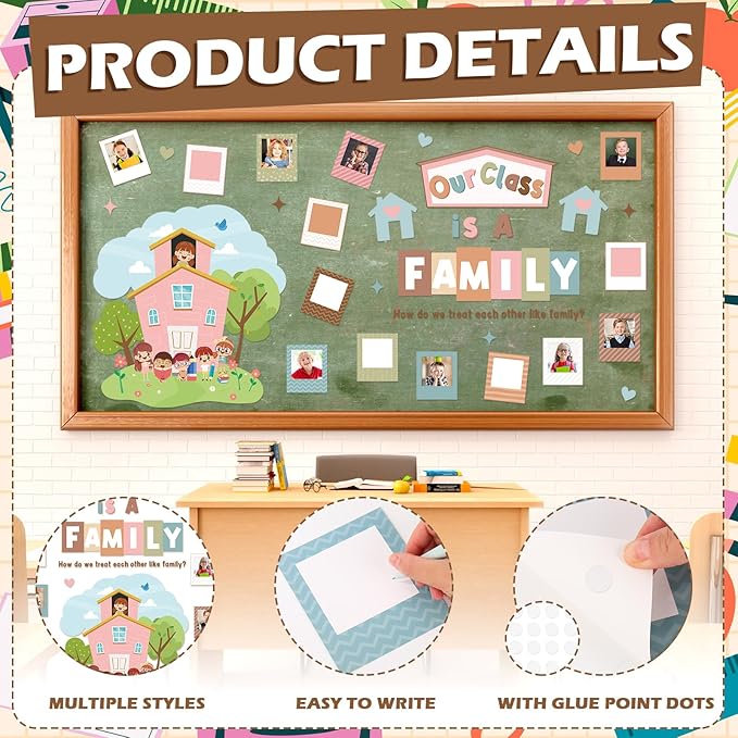 JarThenaAMCS 44Pcs Boho Bulletin Board Decoration Set for Classroom Our Class is A Family Picture Frame Paper Cutouts with Glue Points for Back to School Teachers Chalkboard Home Door Party
