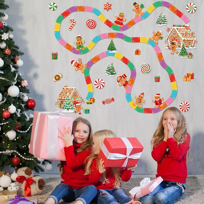 Christmas Bulletin Board Set Gingerbread Man Classroom Decorations - Candy Track Gingerbread House Xmas Tree Cookie and Gift Box Cutouts for Home Wall Door Decor Office Holiday Display