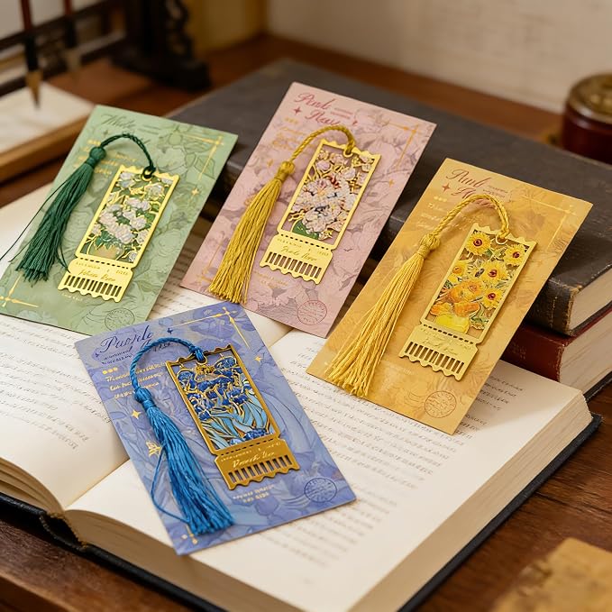 4 Pack Metal Bookmarks with Tassel, Oil Painting Style Decorative Bookmarks, Reading Page Markers for Book Lovers, Readers, Writers, Students, Adults, Men & Women