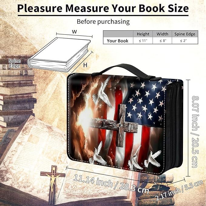 Bible Cover for Men Women,Large Leather Bible Case Fit Book Up to 11x8x2 Inch,American Flag with Cross Dove Bible Covers Bible Study Carrier Church Bags w/Handle & Zipper