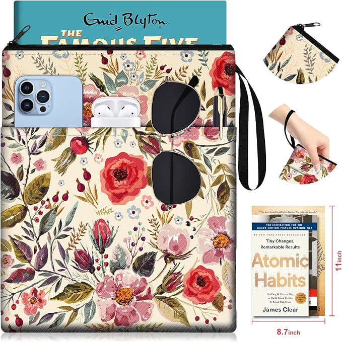 Slohif Book Sleeve Pouch Book Cover Protector with Zipper Cute Book Beau Booksleeve Small Large Retro Flowers Pouches for Paperback HardBook Cover Reading Accessories for Students Women Readers
