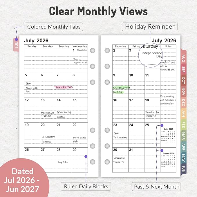 2026 Weekly & Monthly Planner Refills for A6 6-Ring Binders, July 2026 - Jun 2027, Forvencer 6-Hole Punched Planner Inserts with Colorful Monthly Tabs, Pocket Calendar Organizers, 3-3/4" x 6-3/4"