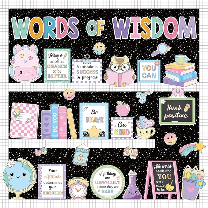 Mooliwe 57 Pcs Composition Bulletin Board Set Notebook Inspirational Classroom Decoration Clock Pencil Cutout for School Office Chalkboard Door Wall Decor
