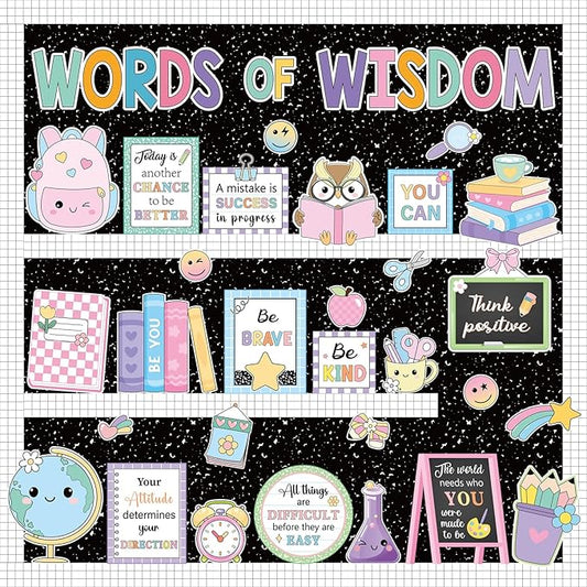 Mooliwe 57 Pcs Composition Bulletin Board Set Notebook Inspirational Classroom Decoration Clock Pencil Cutout for School Office Chalkboard Door Wall Decor