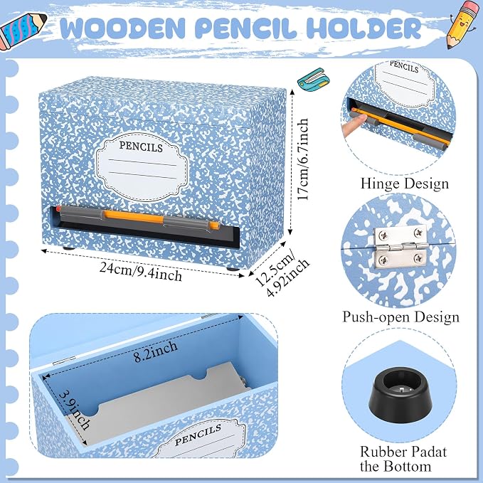 Yalikop 1 Pc Wooden Pencil Dispenser for Classroom Pastel Wood Pencils Holder for up to 200 Pencils Reusable Straw Dispenser for Home Office Teachers Supplies Storage (Notebook,Blue)