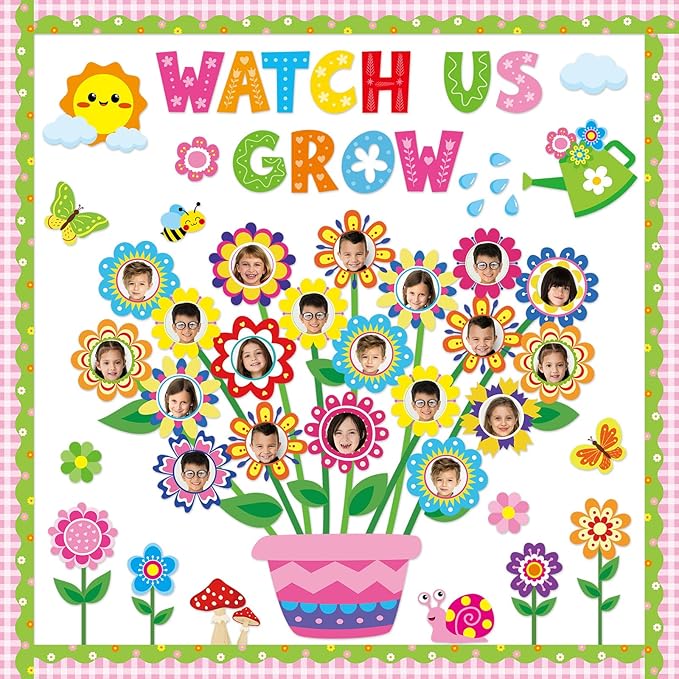 Spring Theme Bloom Flower Bulletin Board Set Watch Us Grow Classroom Decor Spring Floral DIY Photo Craft Cutouts Inspirational Bulletin Board for Back to School Classroom Wall Decor Party Supplies