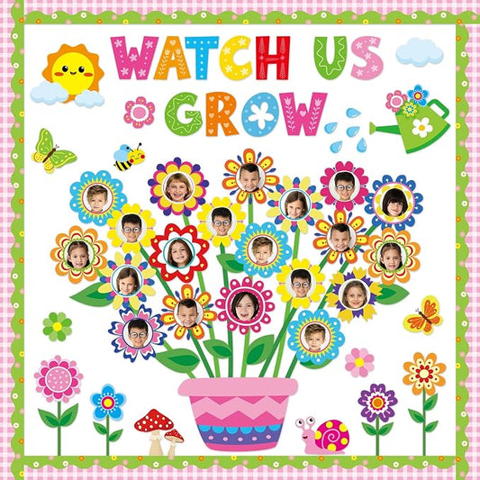 Spring Theme Bloom Flower Bulletin Board Set Watch Us Grow Classroom Decor Spring Floral DIY Photo Craft Cutouts Inspirational Bulletin Board for Back to School Classroom Wall Decor Party Supplies