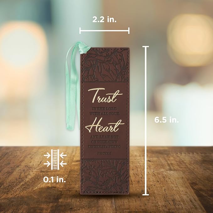 Christian Art Gifts Premium Vegan Faux Leather Scripture Bookmark for Men & Women: Trust in The Lord - Proverbs 8:5 Inspirational Bible Verse, Heat-Debossed, Reading Accessory w/Tassel, Floral Brown
