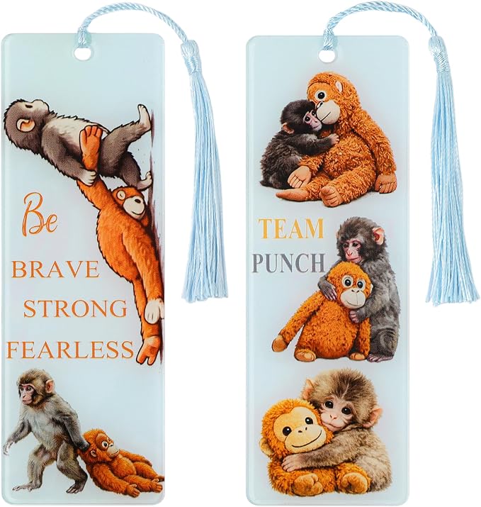 2Pcs Adorable Punch Monkey Bookmarks, Inspirational Acrylic Animal Book Marks with Tassels, Novelty Gifts for Readers (2PCS-Punch Monkey)