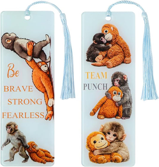 2Pcs Adorable Punch Monkey Bookmarks, Inspirational Acrylic Animal Book Marks with Tassels, Novelty Gifts for Readers (2PCS-Punch Monkey)