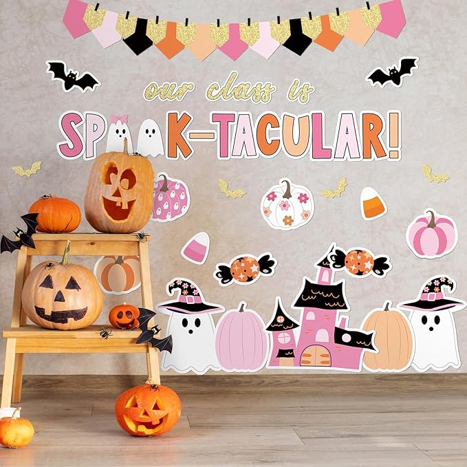 JarThenaAMCS 98 Pcs Halloween Ghost Bulletin Board Decorations Halloween Classroom Decoration Pink Cute Boo Pumpkin Bat Castle Cutouts with 150 Pcs Glue Points for School Library Wall Door Decor