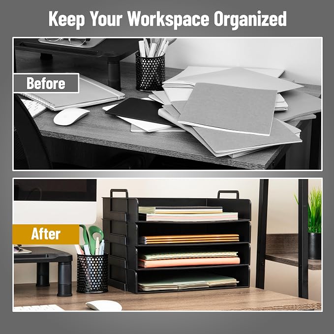 Mind Reader Stackable Paper Tray, Desktop Organizer, File Storage, Office, Plastic, 13.75" L x 10" W x 10.75" H, 4 Pcs., Black