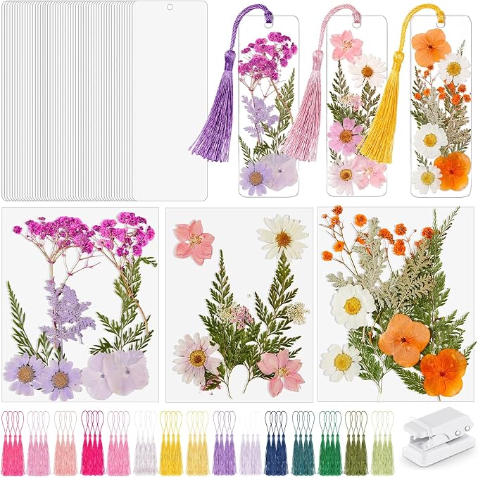 Fuyoooo 61 Pcs Dried Flower Bookmark Making Kit, DIY Bookmark Laminating Pouches with Tassels and Puncher, Handmade Craft Kit for Women, DIY Gifts for Book Lovers (Pink Orange Purple,2 x 6 Inch)
