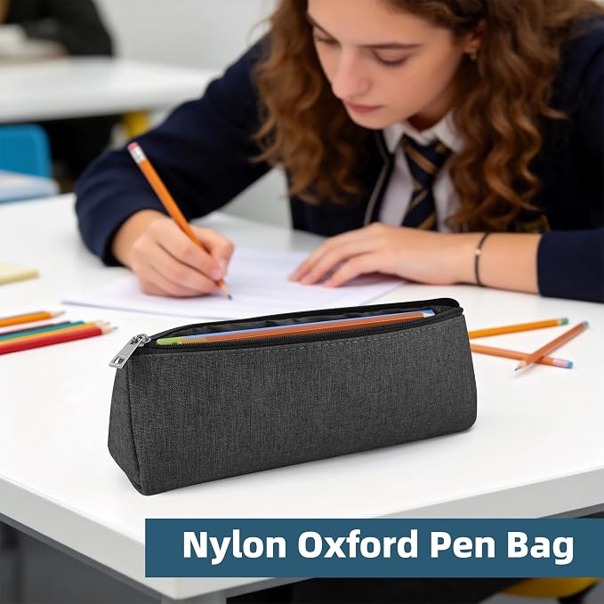 Grey Large Capacity Pen Bag Portable Stationery Pouch Premium Nylon Oxford Cloth Zipper Organizer for Office Business Travel