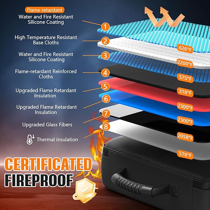 Grothery 5200°F Fireproof Document Organizer with Lock Fireproof & Waterproof File Organizer Box 8 Layer Heat Insulated Aluminum Foil Important Document Box Fire Proof Passport Travel Doc Holder Black