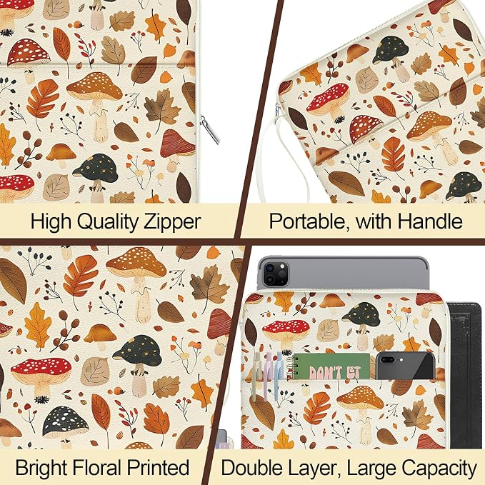 Book Sleeve Book Cover Bag, PU Leather Waterproof Book Pouch, Book Protector Case with Zipper, Fall Autumn Leaf Mushroom Print Portable Book Cover Bag for Book Lovers Gifts Paperbacks Hardcover