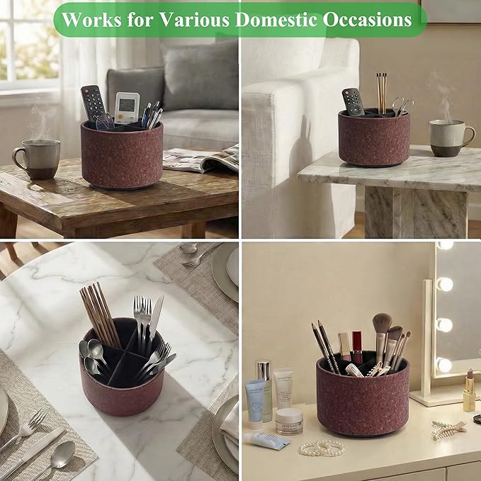 Round Leather Art Supply Organizer,Remote Control Holder,360 Degree Spinning,Multi-Functional Pencil Holder,4 Compartments Desktop Stationary Organizer(1-Soft Red)