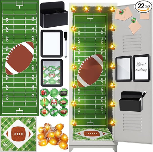 Kingdder 22 Pcs Rugby Theme Locker Accessories Kit Magnetic Wallpaper Mirror Whiteboard Marker Pen Holder Magnet Hook Football Rug String Light for Back to Essentials Locker Decorations