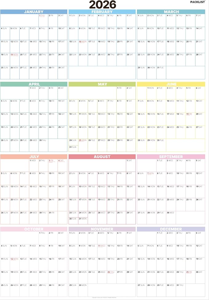 PACKLIST® 2026 Wall Calendar - Extra Large 33.1" x 23.4" Vertical Yearly Planner - Sunday Start - 4-Block Quarterly View - Premium 160 GSM Heavyweight Paper - Plastic-Free & Eco-Friendly - Office & Academic Organization