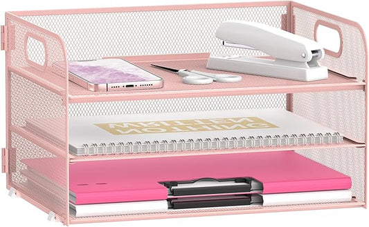 DALTACK 3 Tier Paper Organizer with Handle, Mesh Metal Desk Organizer with Sliding Paper Trays for Letter/A4 Paper, Mail, Bills & Folders, Pink