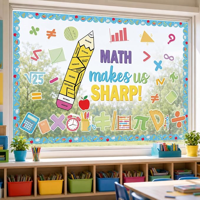 Math Bulletin Board Set Mathematics Back to School Classroom Decoration Math Makes Us Sharp Bulletin Board Pencil Shaped Paper Cutouts for School Office Chalkboard Wall Supplies Decor
