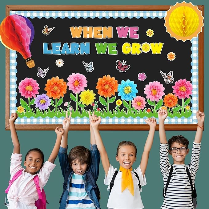 Spring Bulletin Board Decorations Flowers Themed Bulletin Board Set When We Learn We Grow Bulletin Board with 3D Paper Flower Cutouts for Back to School Classroom Wall Decor