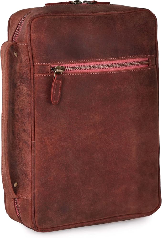 LEATHER VILLAGE Genuine Leather Bible Cover with Zipper for Men & Women - Large Bible Case Carrying Bag Book Cover & Organizer with Handle and Pockets - Leather Bible Covers for Church Study - Fuchsia