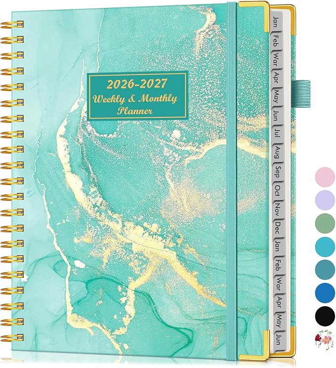 Planner 2026-2027, 18 Months Weekly and Monthly Hardcover Planner, January 2026 - June 2027, 8.5" x 11" A4 Large Daily Calendar Planner Book with Tabs, Spiral Yearly Agenda Organizer Notebook for School Work Home, Teal Marble