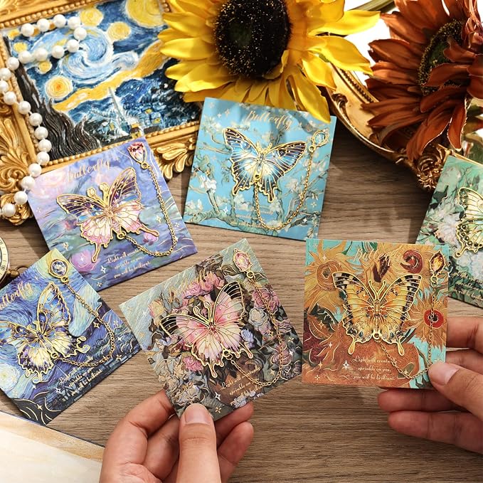 12 Pieces Metal Butterfly Bookmarks with Chain, Golden Hollow Bookmark Monet Oil Painting Theme Book Mark Bookmarks for Book Lovers Women Writers Readers Children Teens