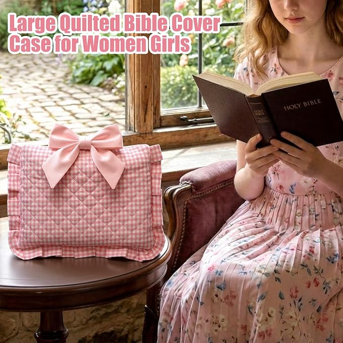 Honoson Quilted Bow Bible Sleeve Cover Case Padded Protector Washable Bible Bag Pouch Christian Gift for Women Girls Book Lover Gifts(Pink Gingham)