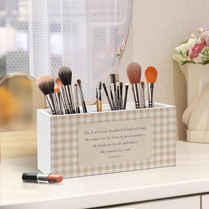 Christian Bible Verse Pen Holder, Christian Office Pen Pencil Holder Organizer for Desk Accessories, Religious Scripture Gingham Wooden Box Desk Decor for Home Office Desk Decorations
