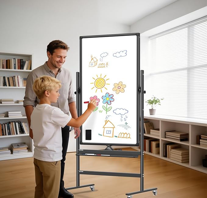 40" x 28" Double-Sided Mobile Whiteboard with Wheels | Rolling Magnetic Dry Erase Board on Stand | Adjustable Height Black Frame White Board for Office, Classroom & Home