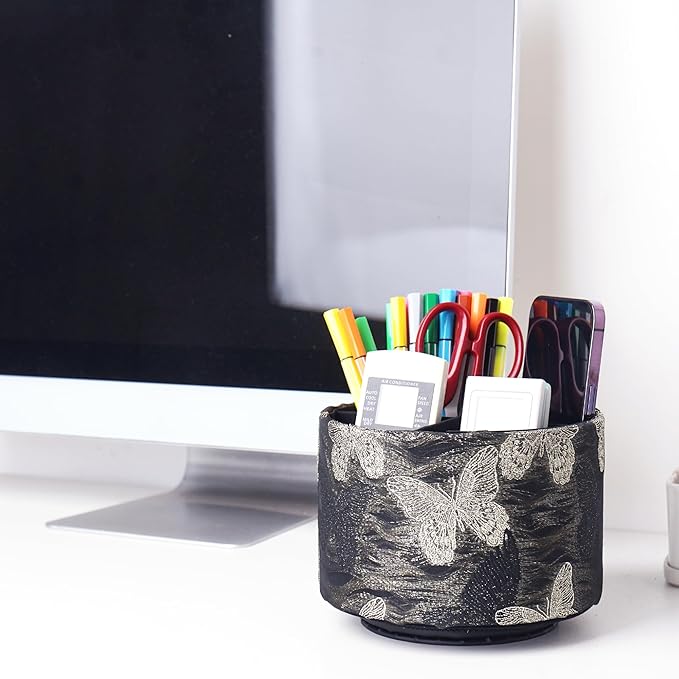 Round Leather Art Supply Organizer,Remote Control Holder,360-degree Rotating Pen Organizer with 4 Compartments(1-Butterfly Gold)